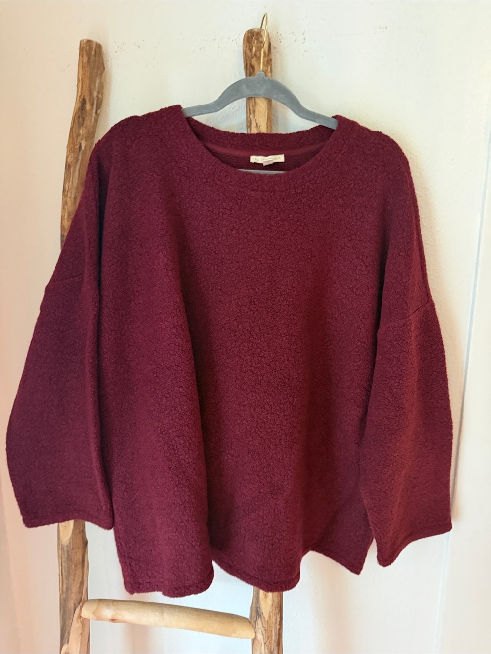 Eileen Fisher Maroon Burgundy Boucle Crewneck 3/5 Sleeve Oversized Sweater 2XL